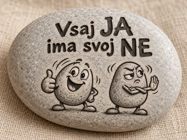 Ilustrativni predlog graviranega kamna z napisom Vsaj JA ima svoj NE